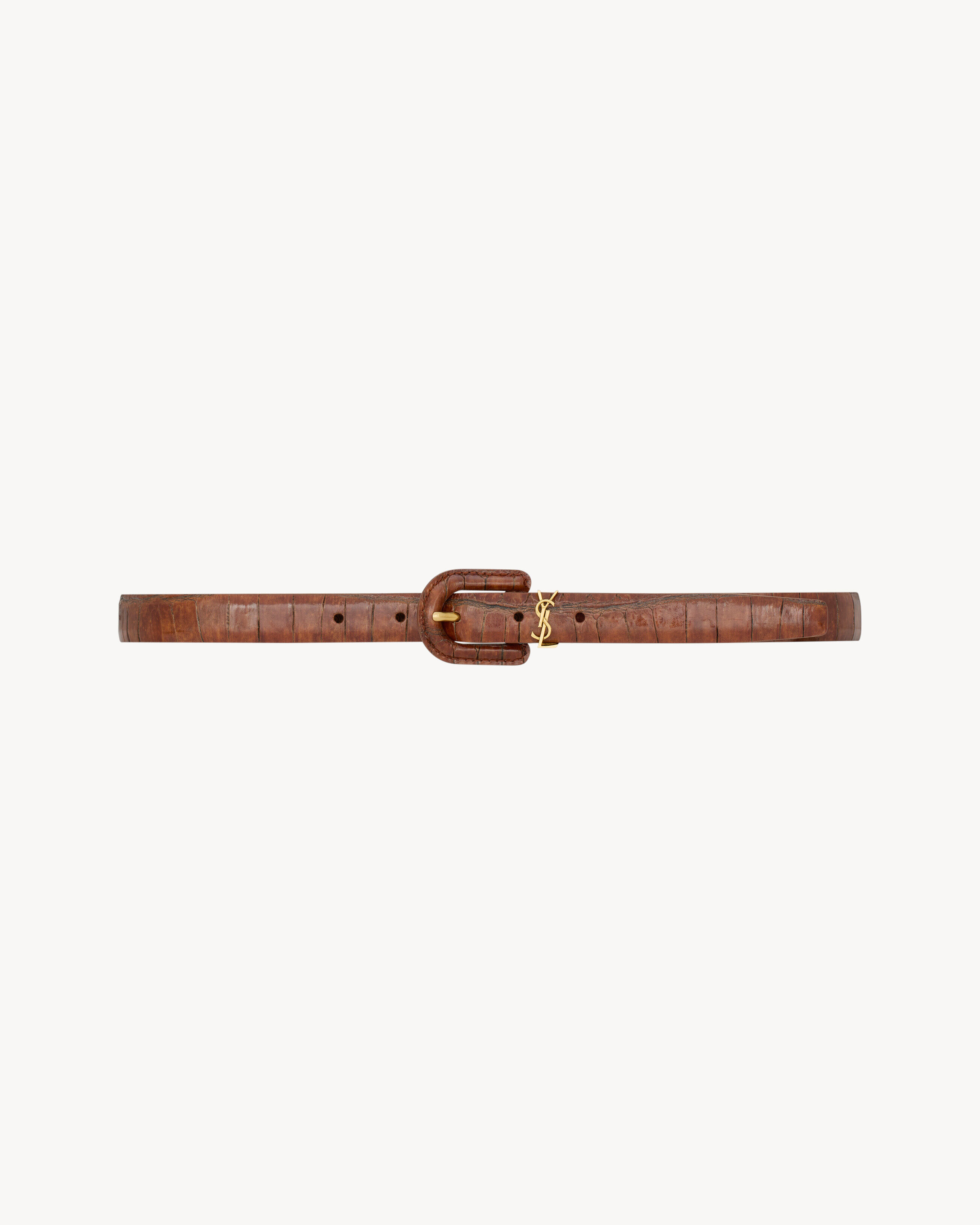 Saint Laurent Damen Braun Schmaler Cassandre Gürtel Mit Überzogener Schnalle Aus Leder Mit Krokoprägung - 80