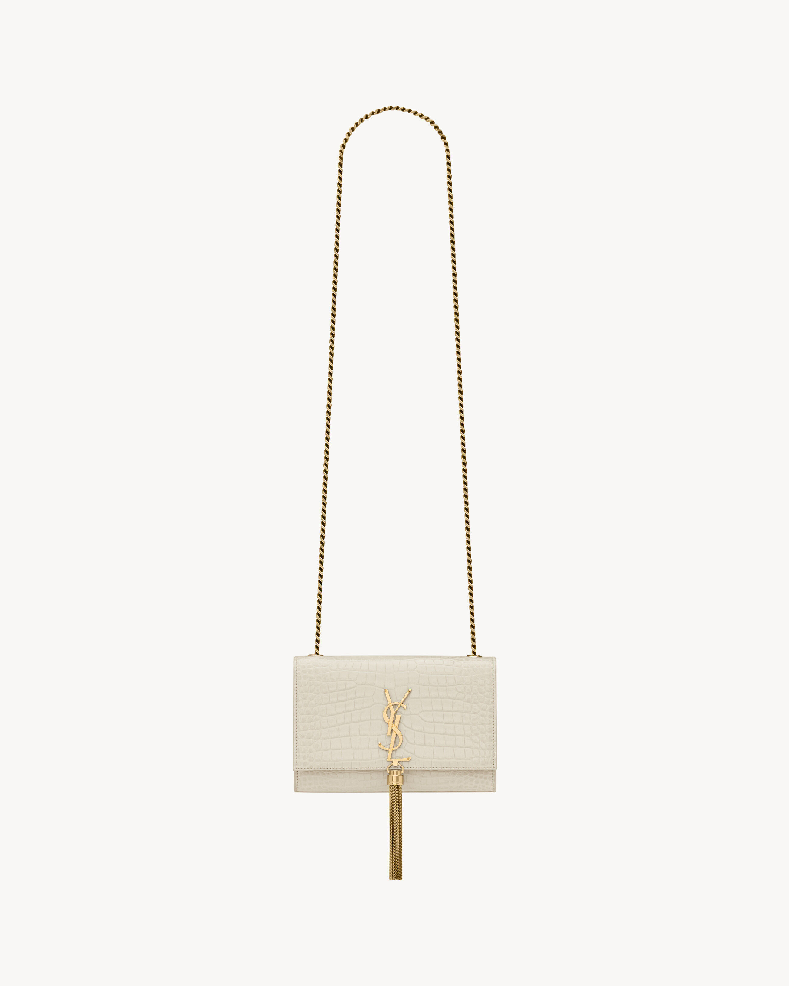 Saint Laurent Kate Small Tassel In Crocodile-Embossed Leather - White - Women