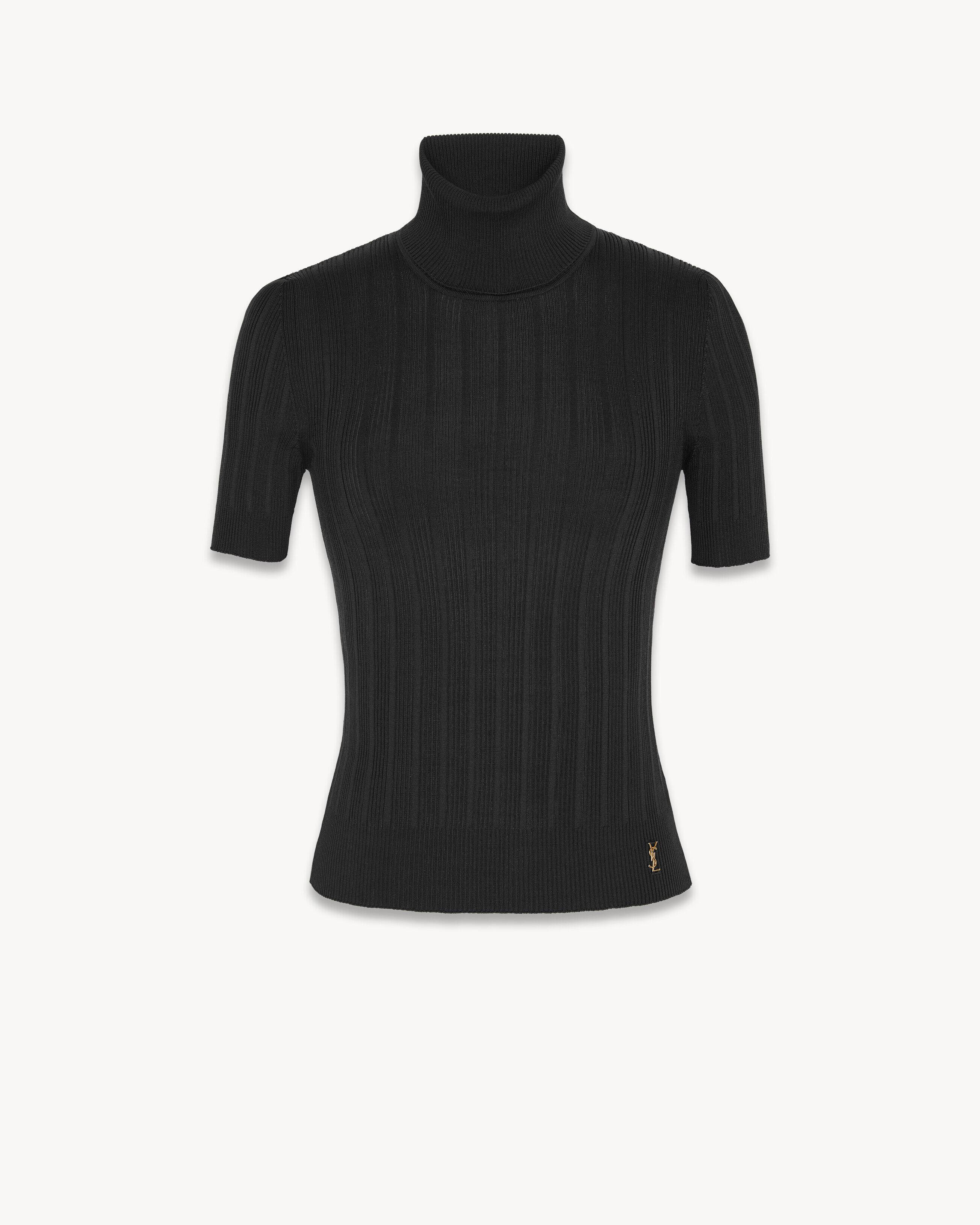 Saint Laurent Top Cassandre In Ribbed Silk - Black - Women - S