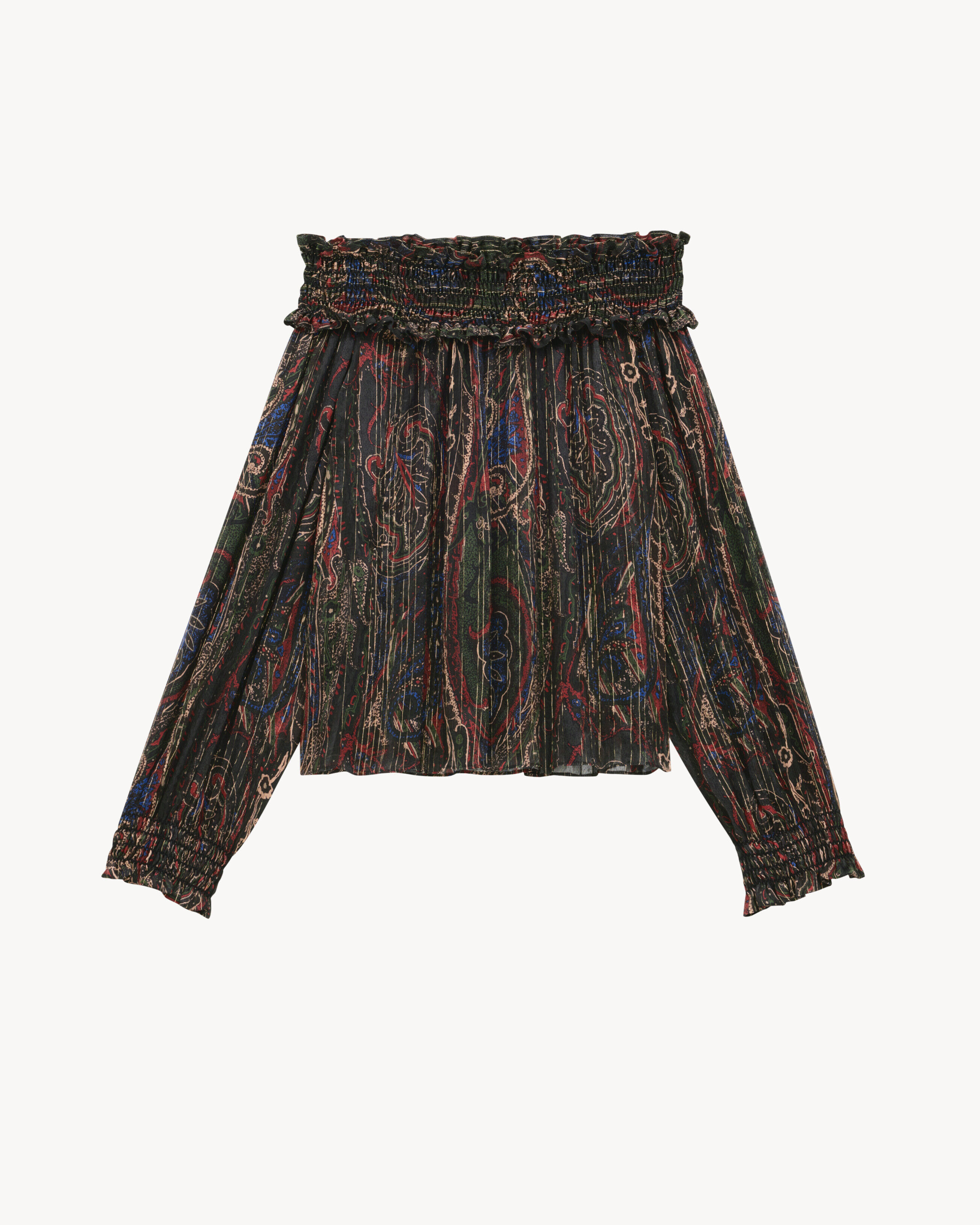 Saint Laurent Smocked Blouse In Lurex Paisley Silk - Black - Women - 42