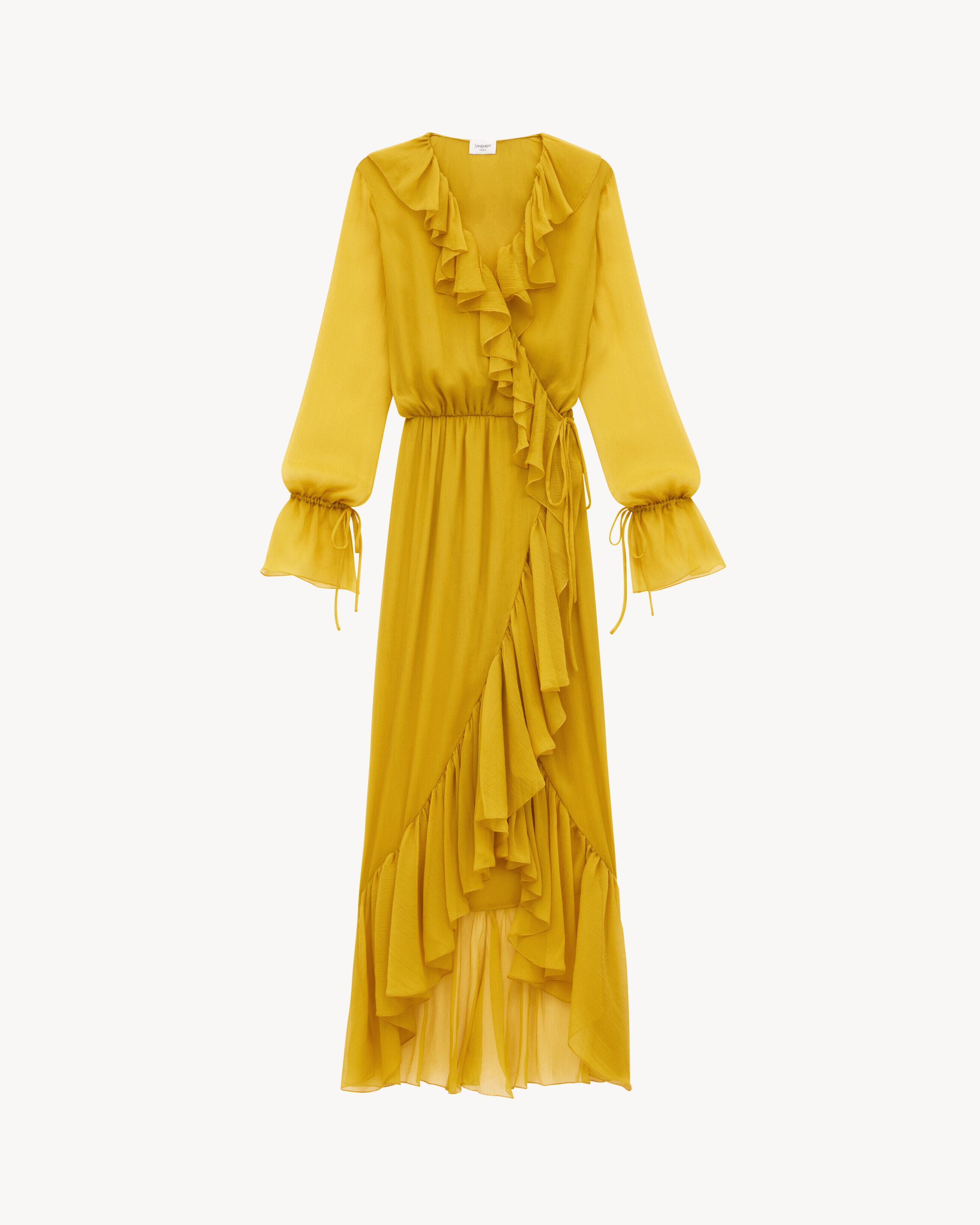 Saint Laurent Robe À Volants En Mousseline Crépon De Soie - Jaune - Femme - 40