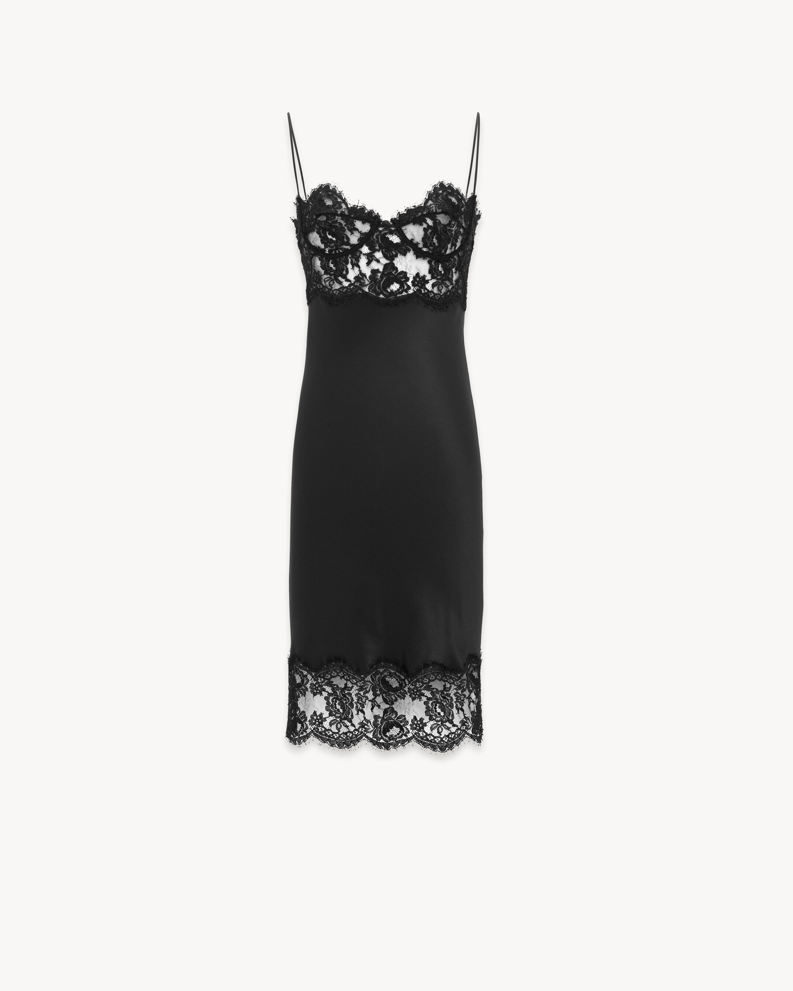 Saint Laurent Slip Dress In Silk Satin And Lace - Black - Women - 34