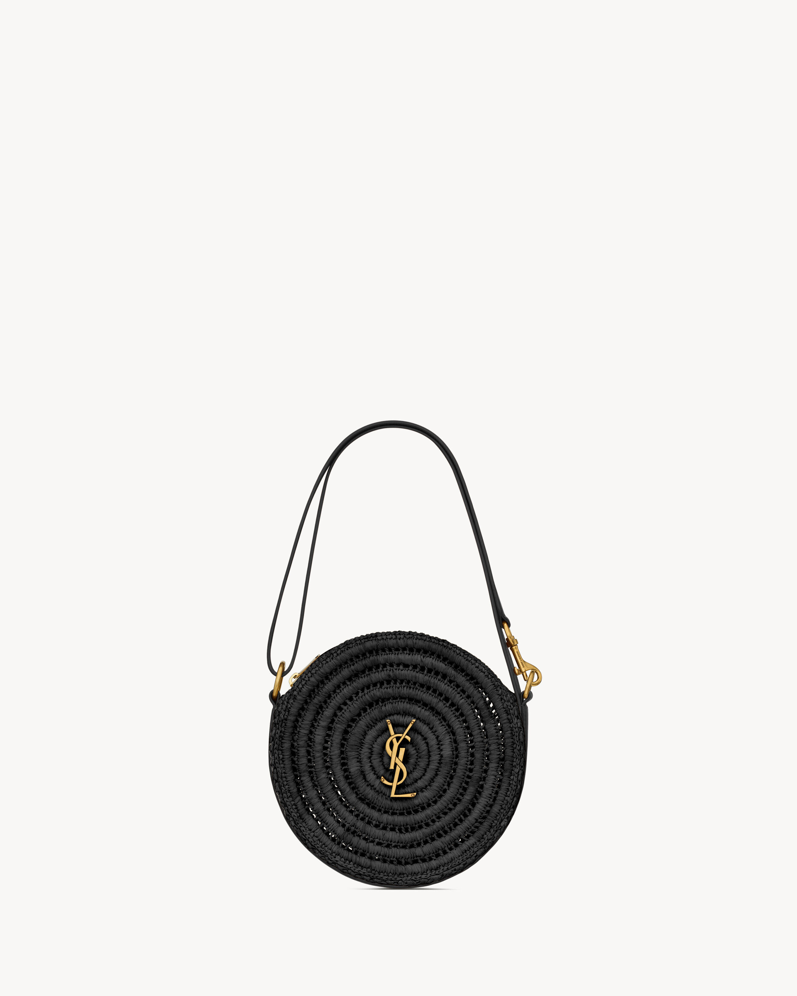 Saint Laurent Round Bag In Raffia And Vegetable-Tanned Leather - Black - Women