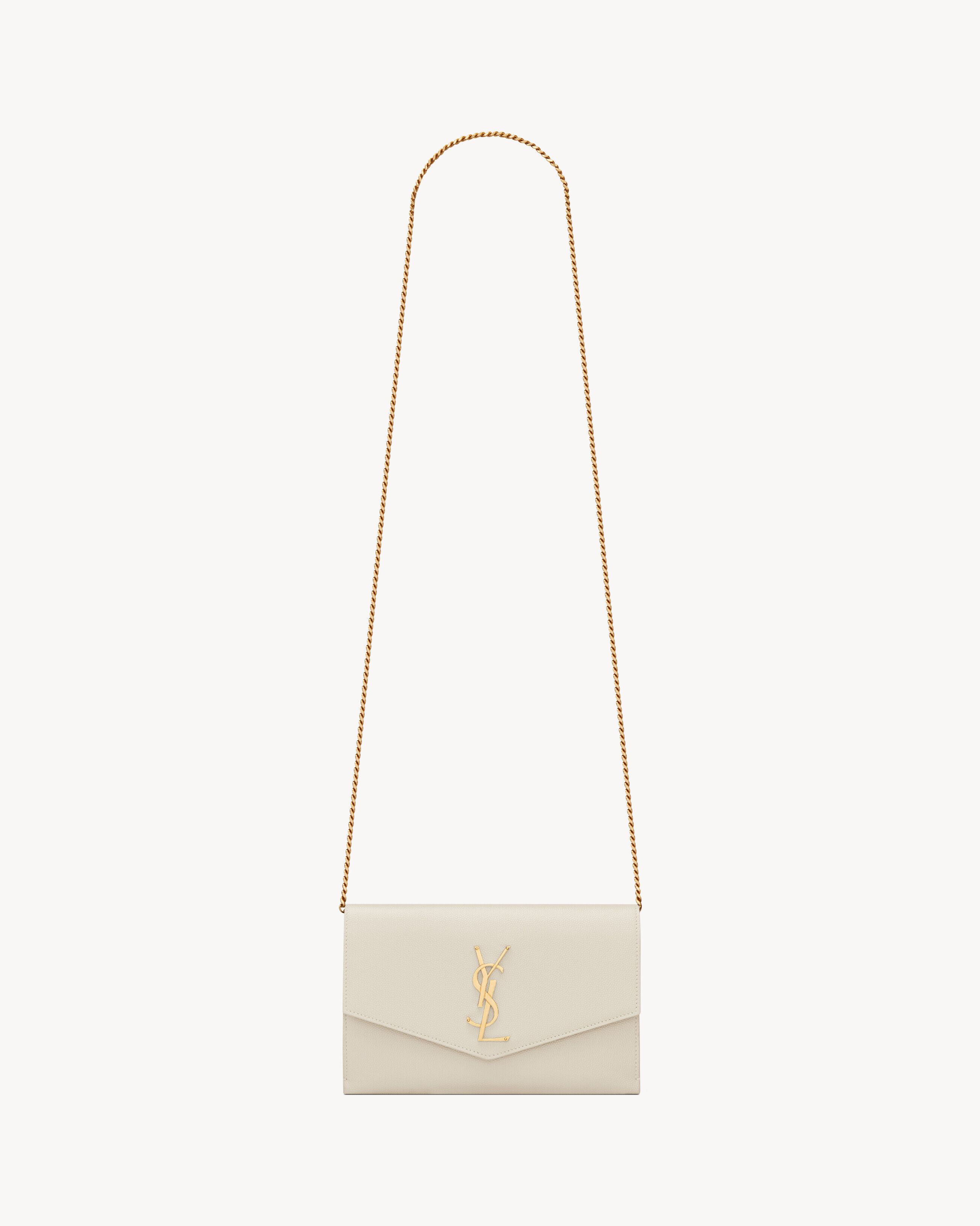 Saint Laurent Uptown Chain Wallet In Grain De Poudre Embossed Leather - White - Women