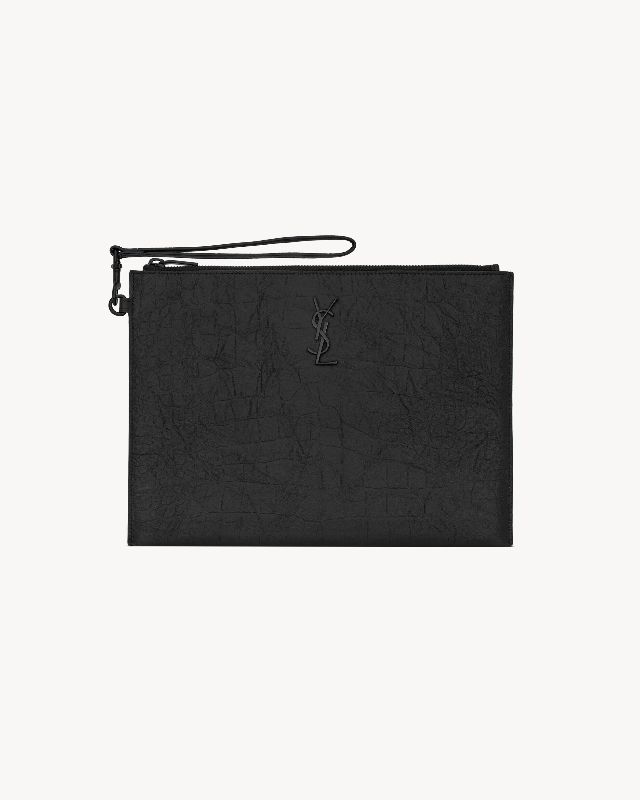 Saint Laurent Cassandre Zipped Tablet Holder In Crocodile-Embossed Leather - Black - Men
