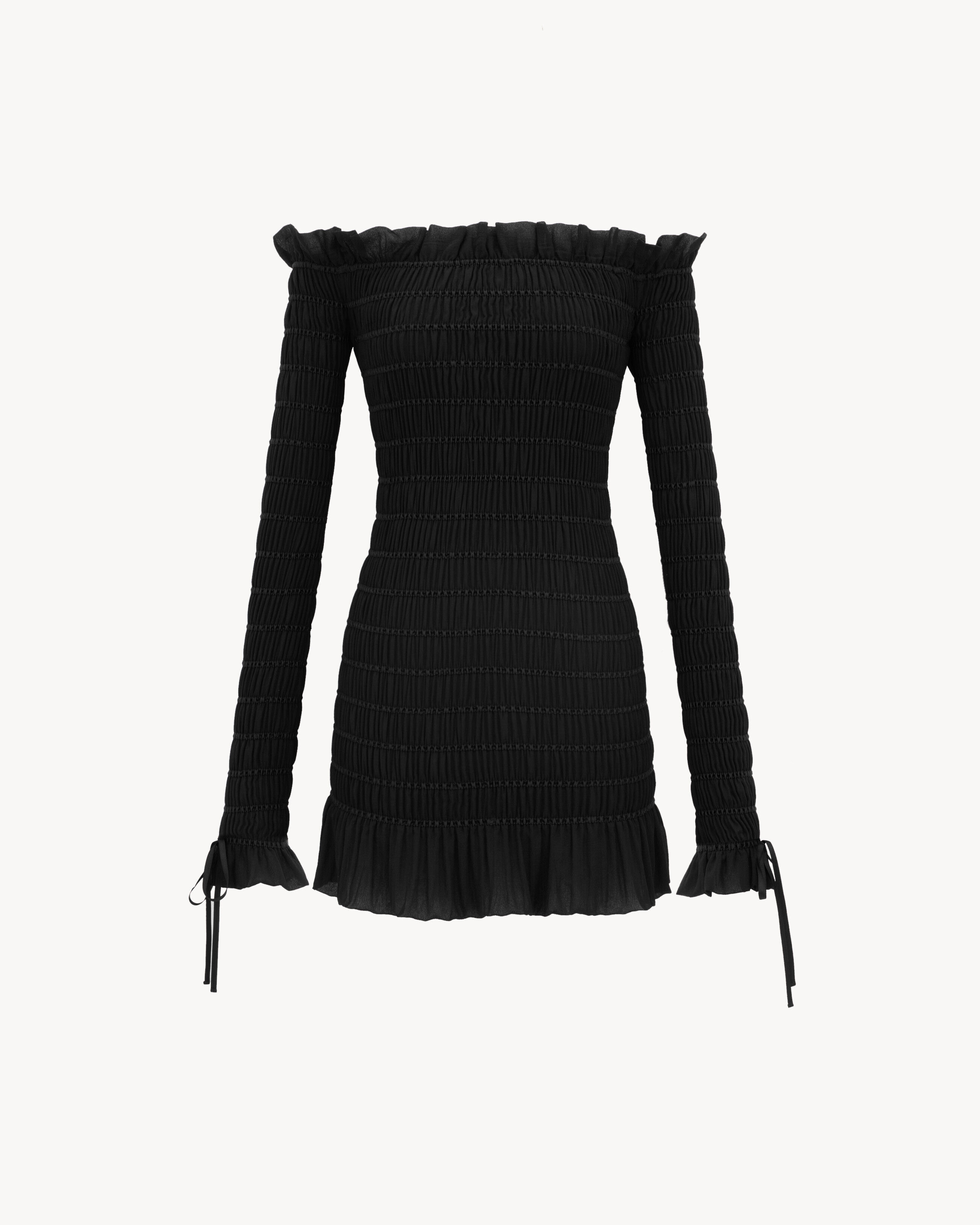 Saint Laurent Smocked Dress In Silk Georgette - Black - Women - 36