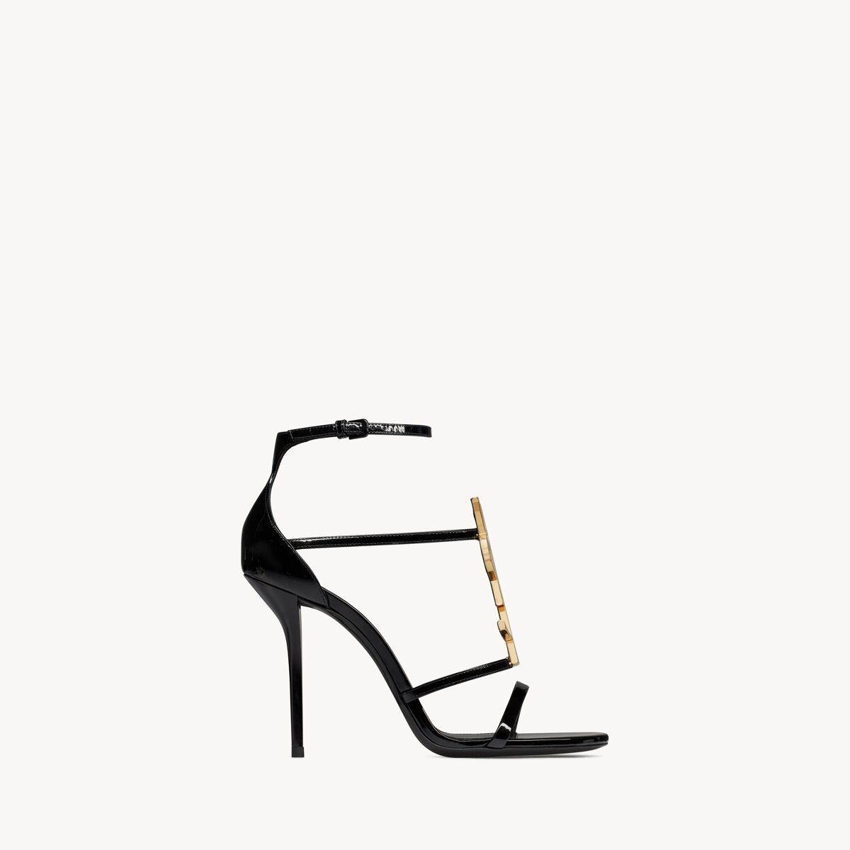 Saint Laurent Cassandra Sandalen Aus Lackleder Mit Goldfarbenem Monogramm - Schwarz - Damen - 37
