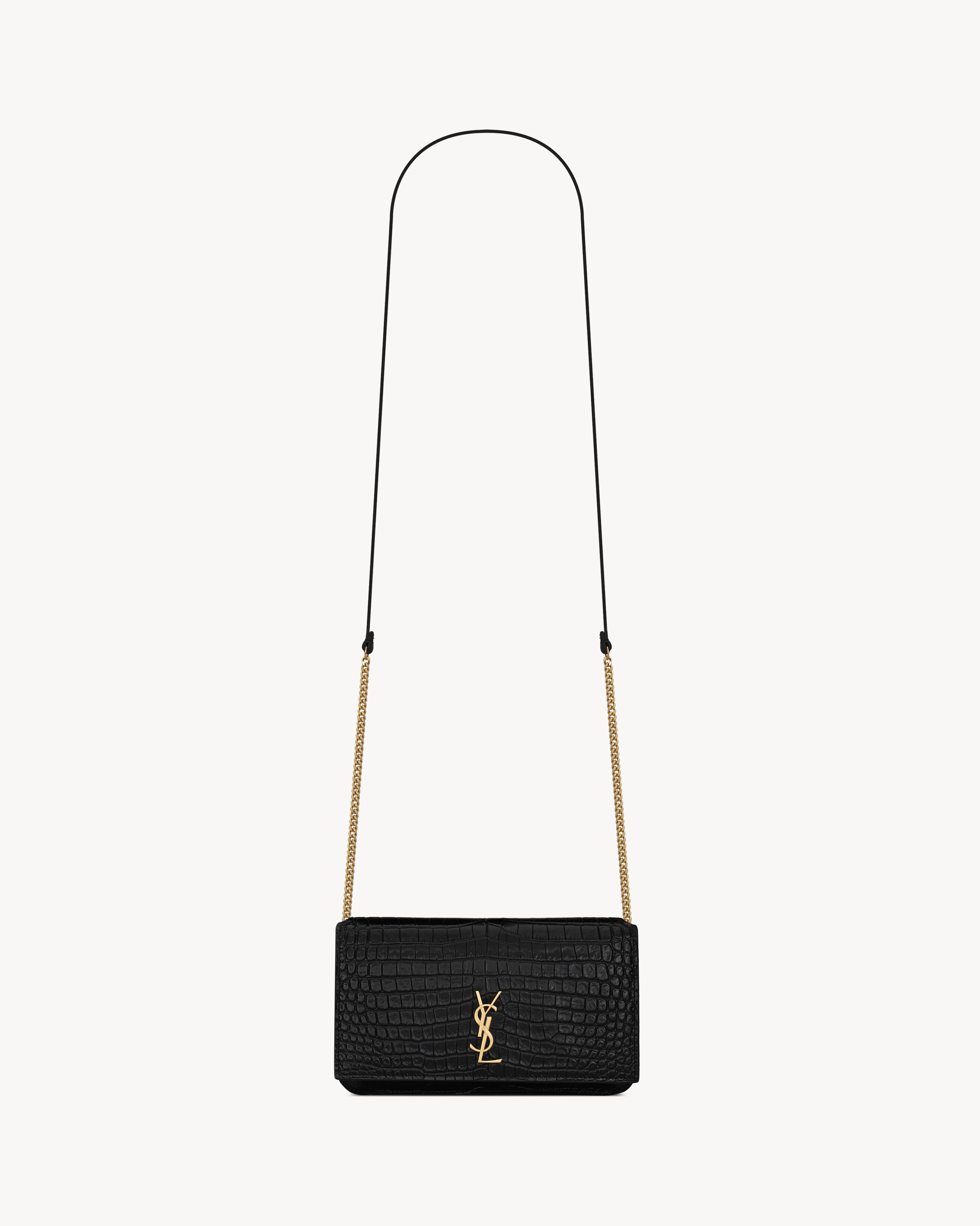 Saint Laurent Cassandre Phone Holder In Shiny Crocodile-Embossed Leather - Black - Women