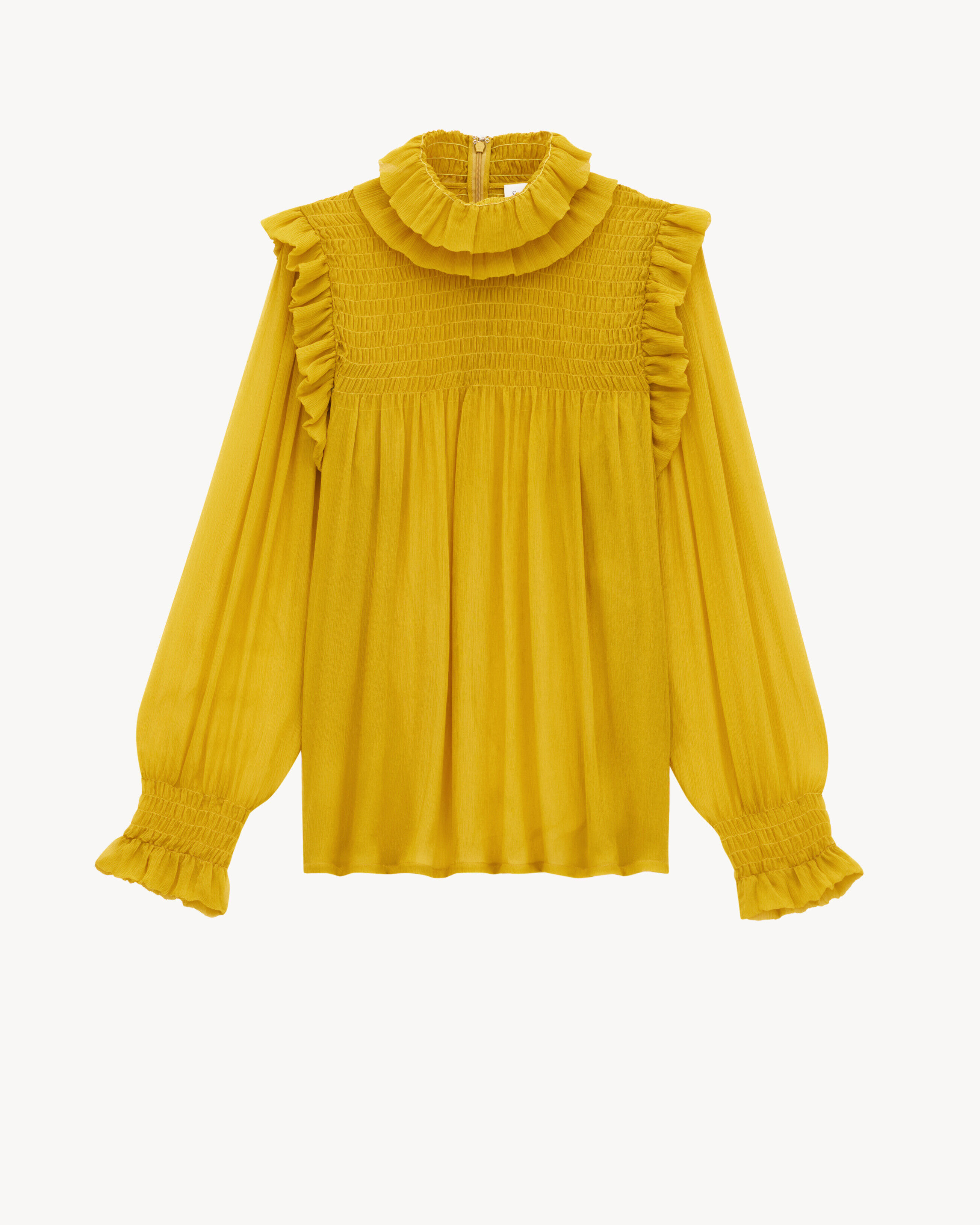 Saint Laurent Ruffled Blouse In Silk Crepon Muslin - Yellow - Women - 40