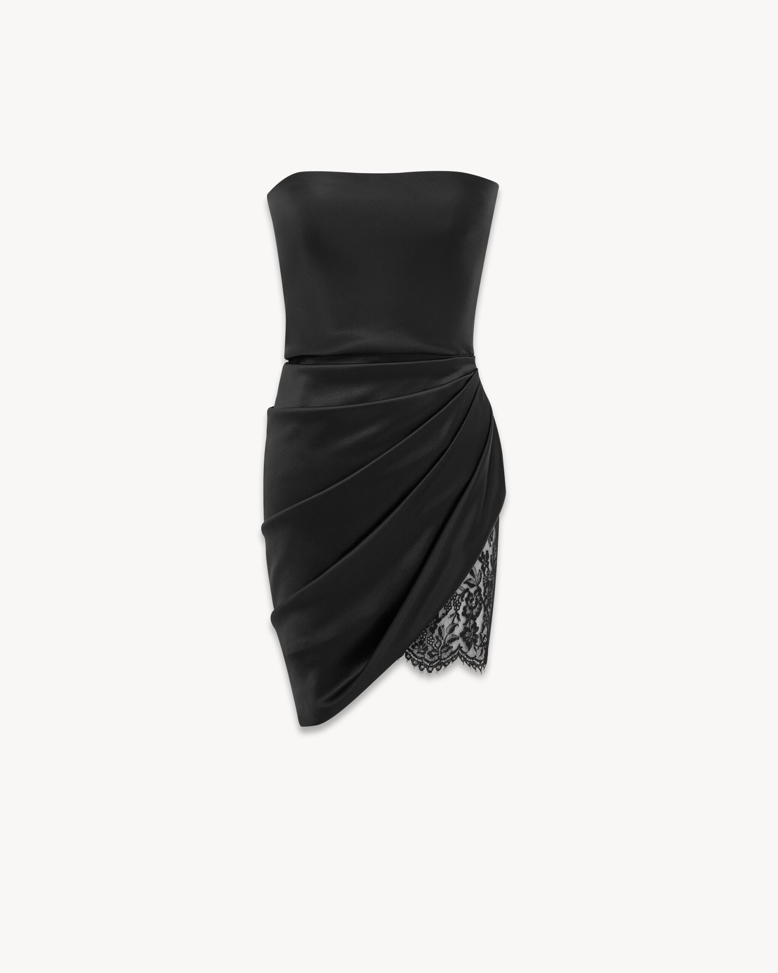 Saint Laurent - Vestido Palabra De Honor De Satén De Seda Y Encaje - Negro - Mujer - 40
