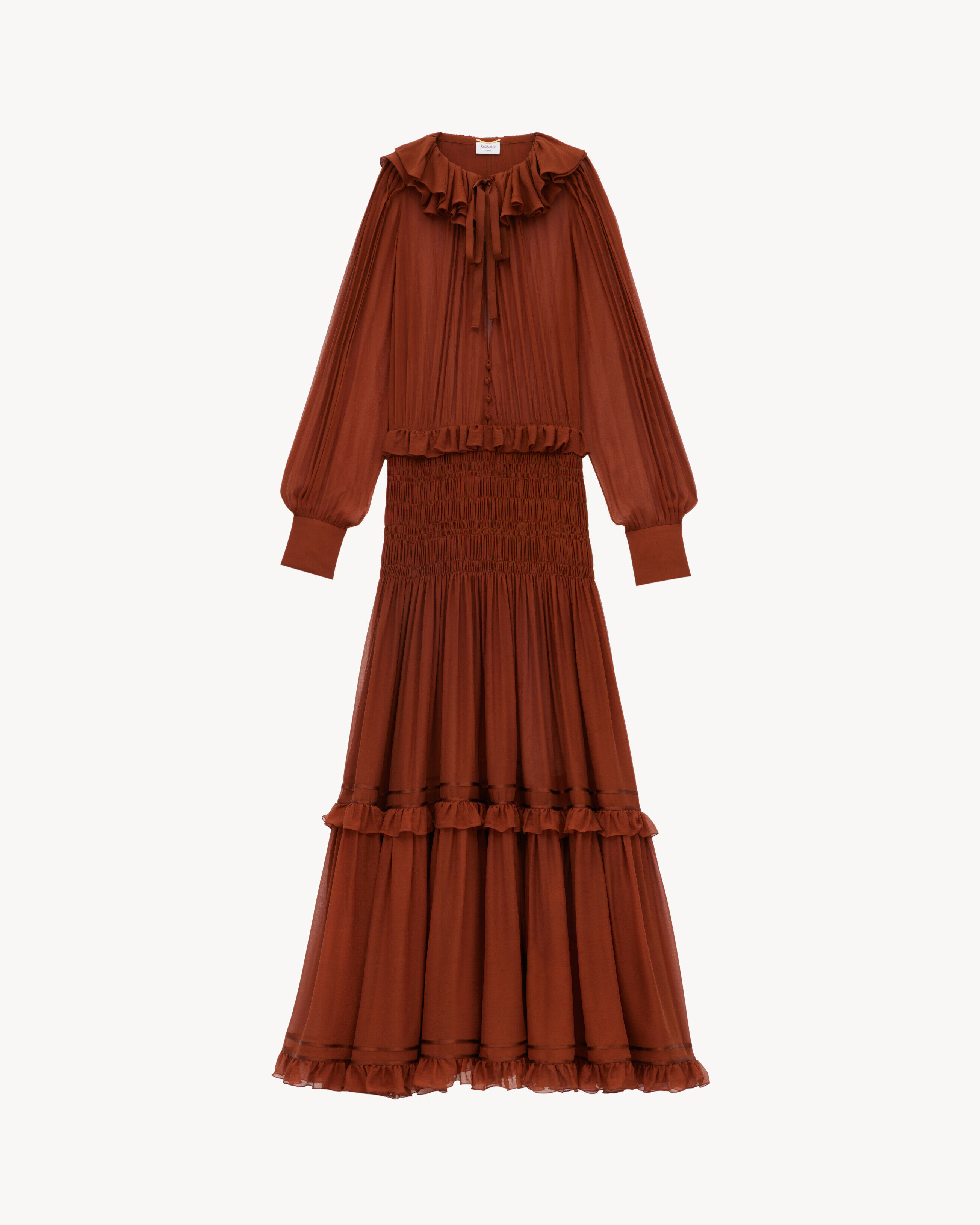 Saint Laurent Ruffled Dress In Silk Crepe Muslin - Red - Women - 38