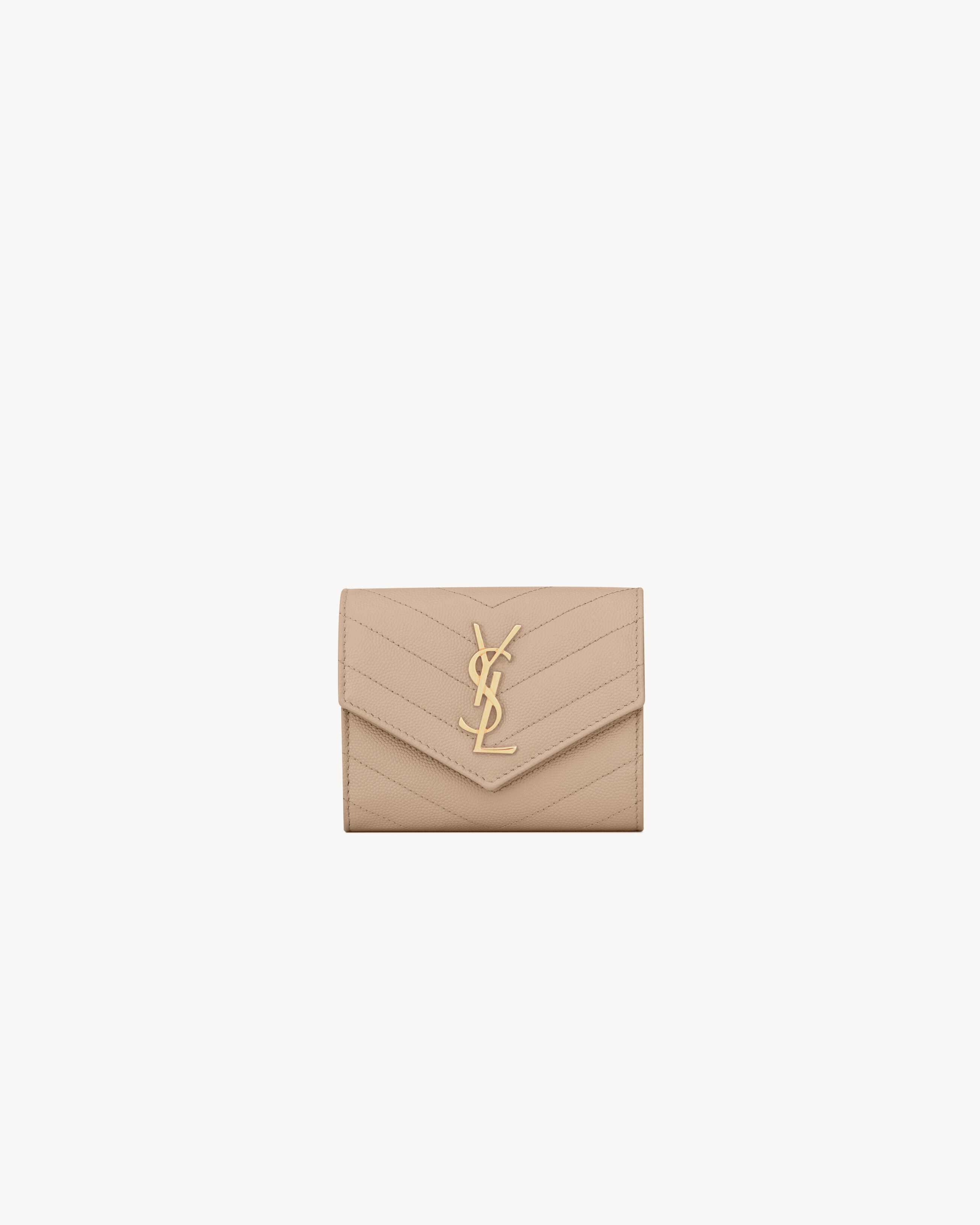 Saint Laurent Cassandre Matelassé Compact Tri Fold Wallet In Grain De Poudre Leather - Beige - Women