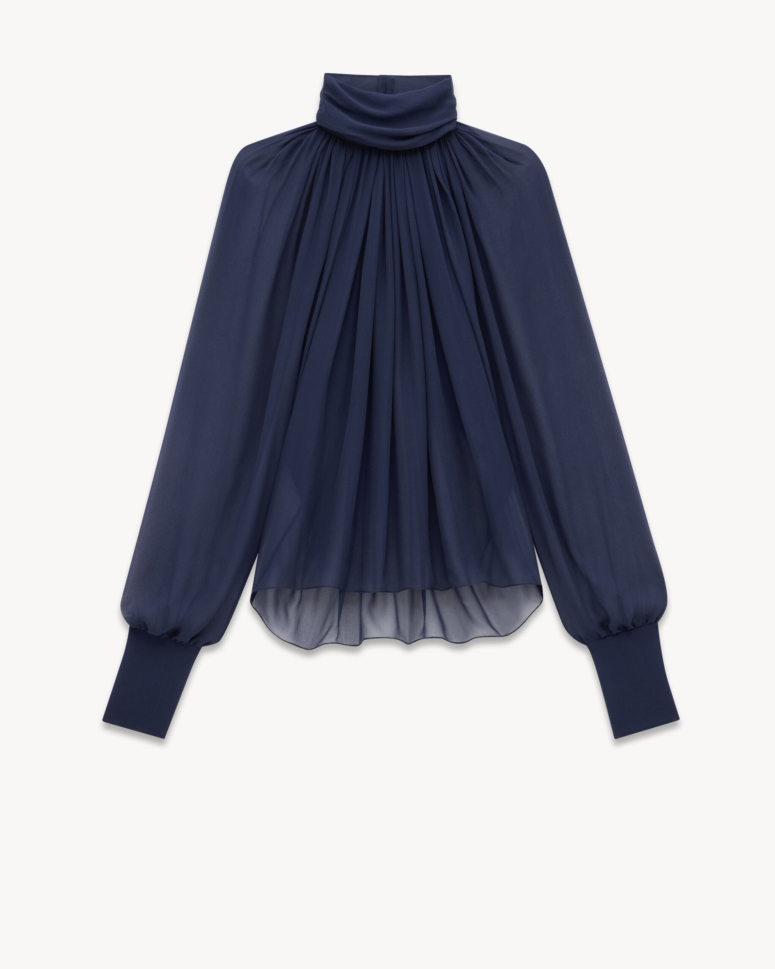 Saint Laurent Turtleneck Blouse In Silk Muslin - Blue - Women - 34