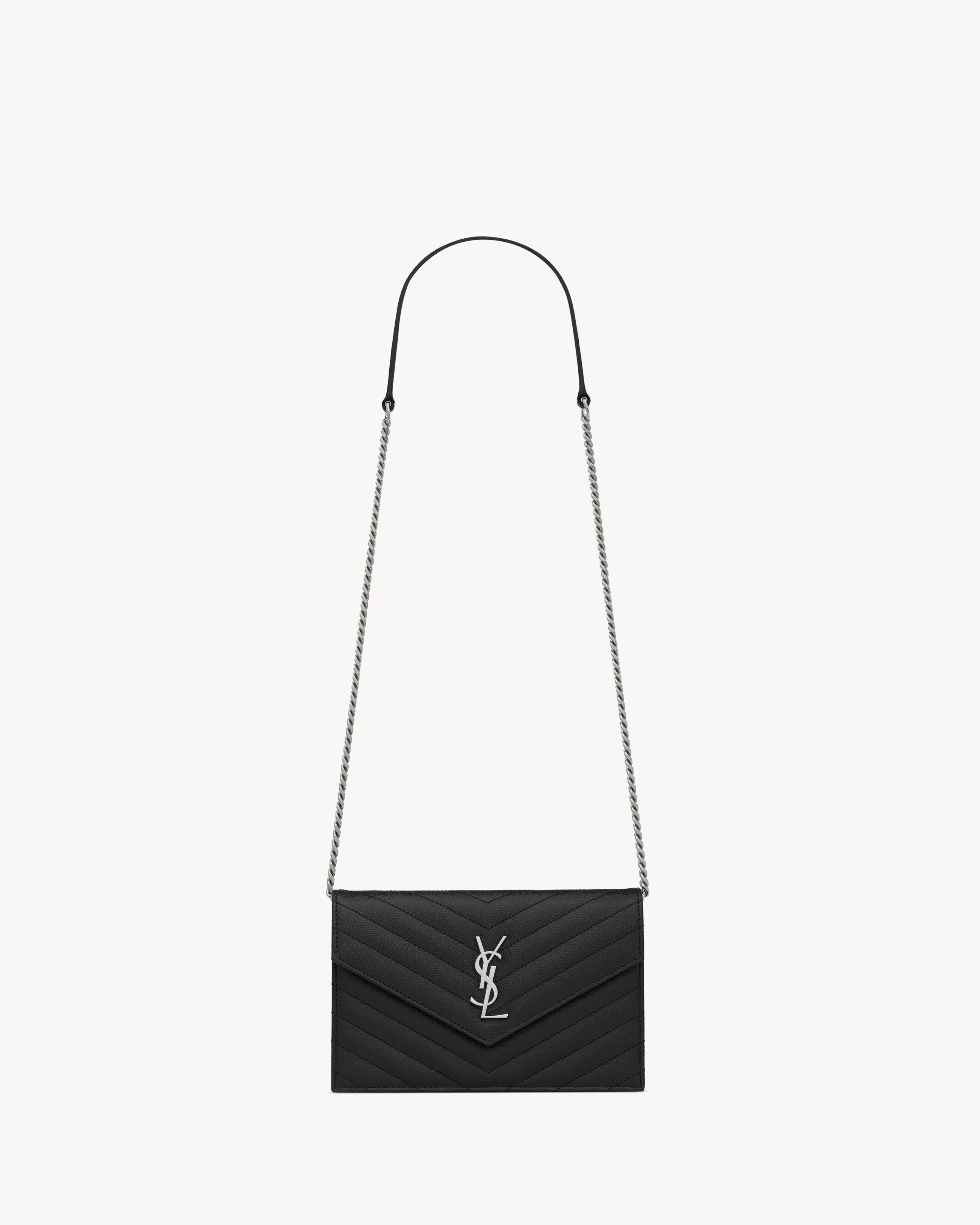Saint Laurent Cassandre Envelope Chain Wallet In Grain De Poudre Leather - Black - Women