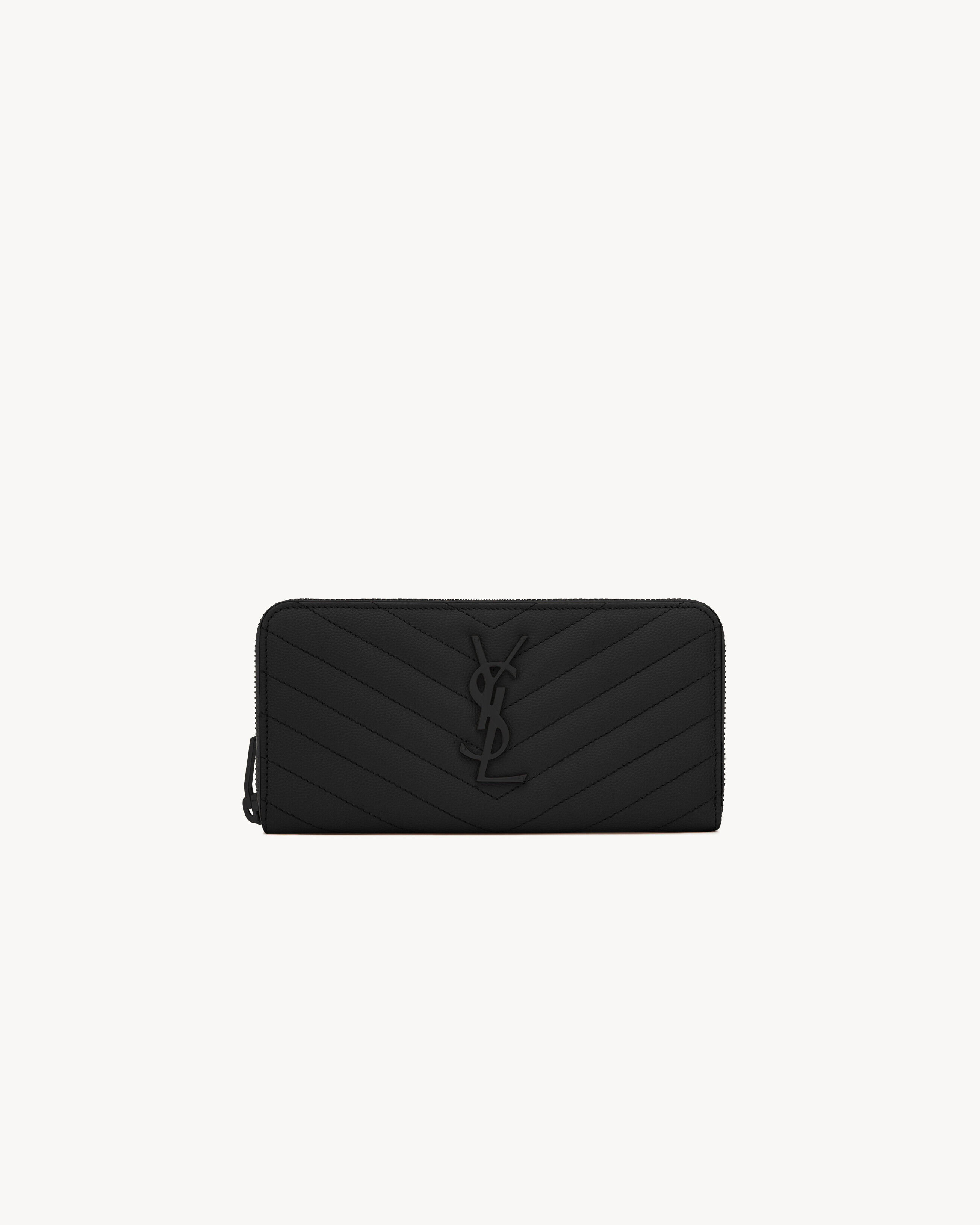 Saint Laurent Cassandre Matelassé Zip Around Wallet In Grain De Poudre Leather - Black - Women
