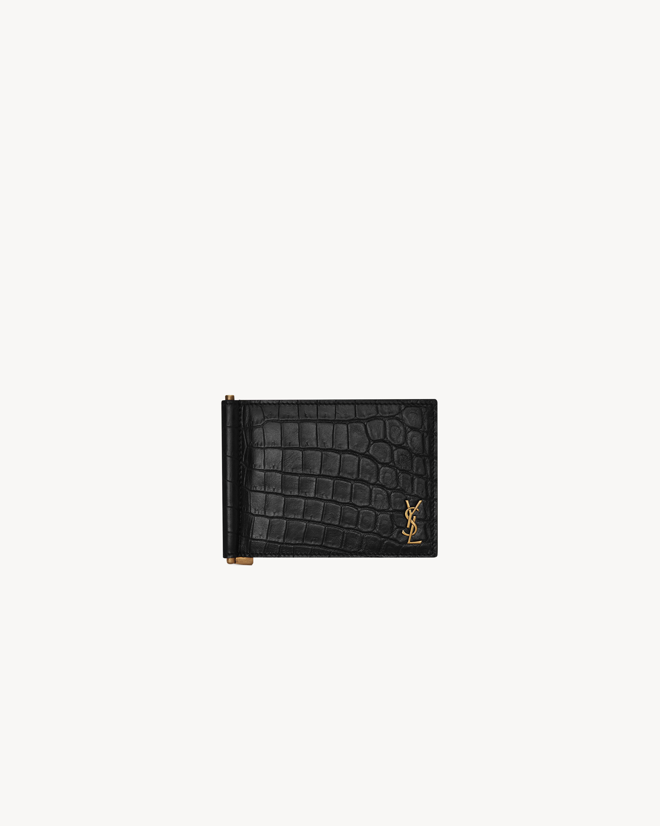 Saint Laurent Tiny Cassandre Bill Clip Wallet In Crocodile-Embossed Matte Leather - Black - Men