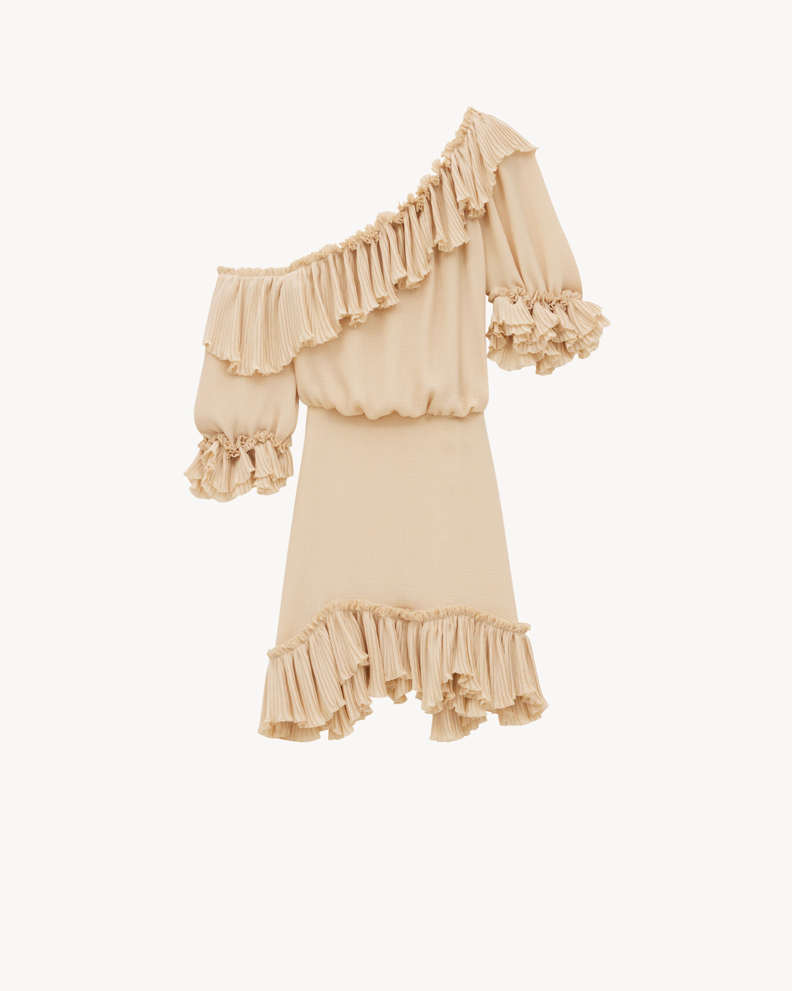 Saint Laurent Ruffled Dress In Silk Crepon Muslin - Beige - Women - 38