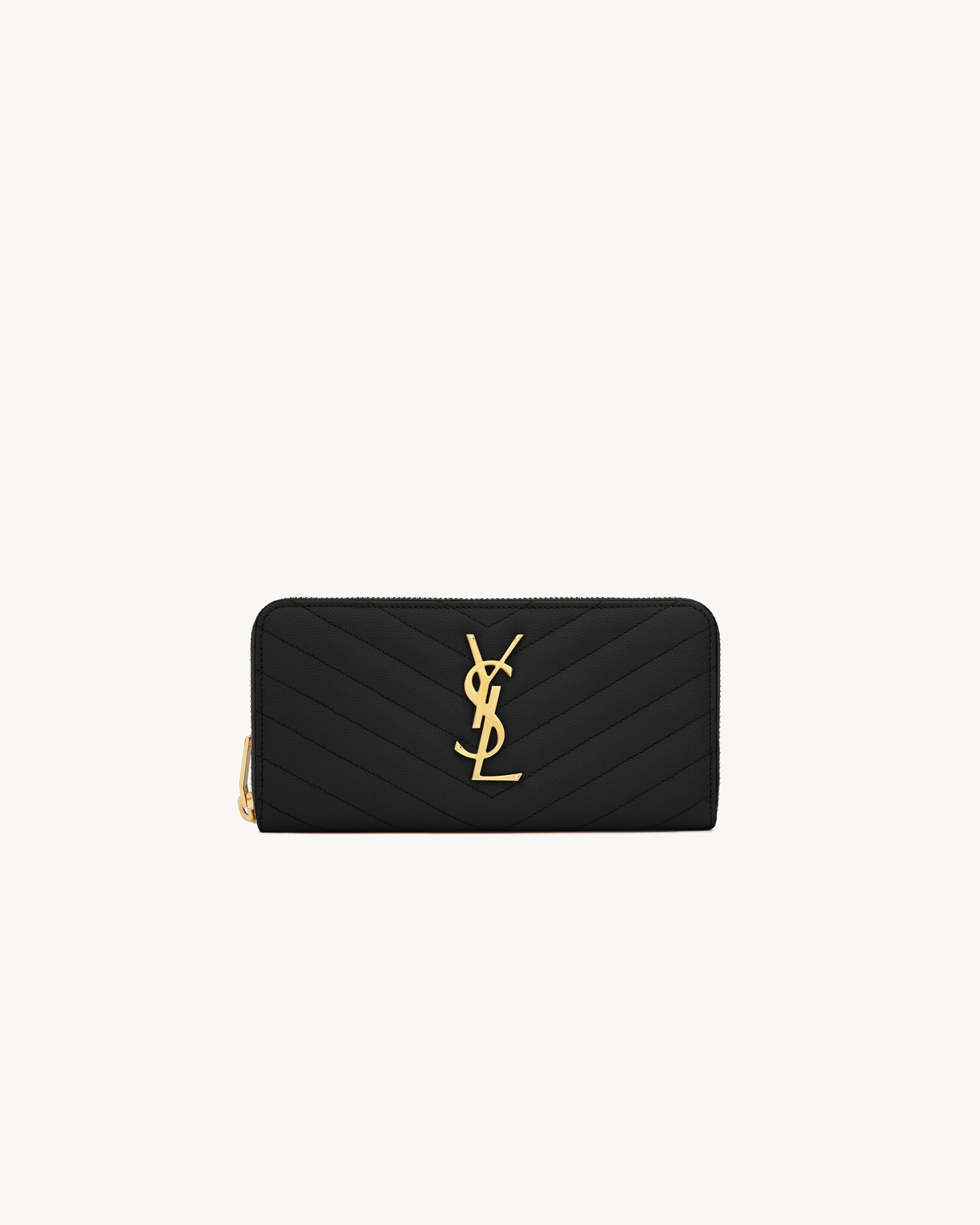 Saint Laurent Cassandre Matelassé Zip Around Wallet In Grain De Poudre Leather - Black - Women