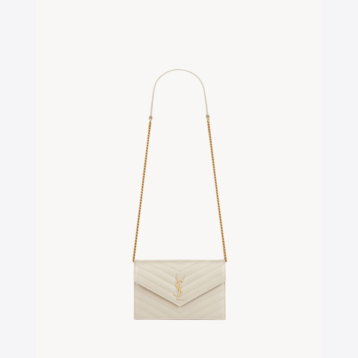 Saint Laurent Cassandre Envelope Chain Wallet In Grain De Poudre Leather - White - Women