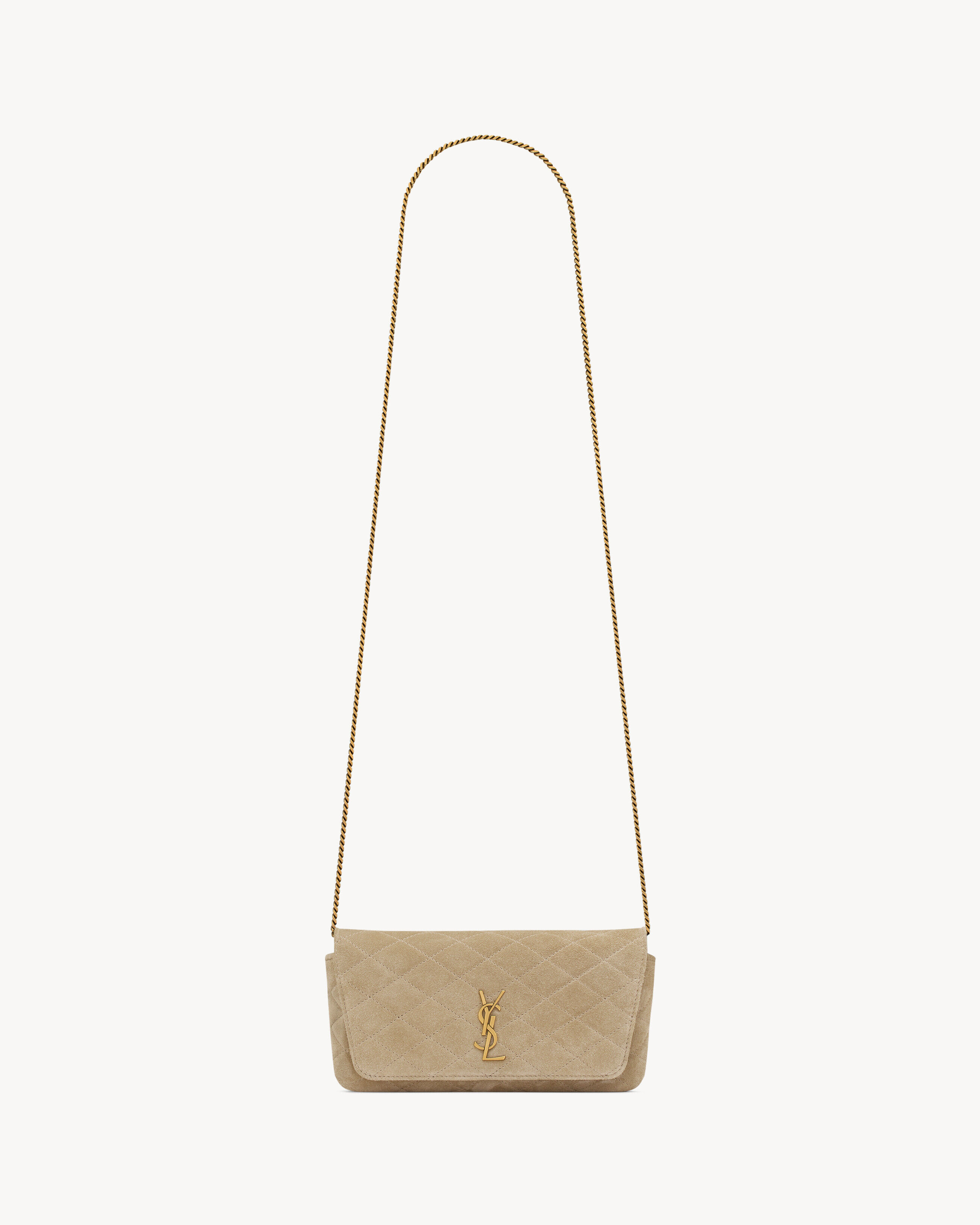 Saint Laurent Gaby Chain Phone Holder In Quilted Suede - Yellow/gold - Women