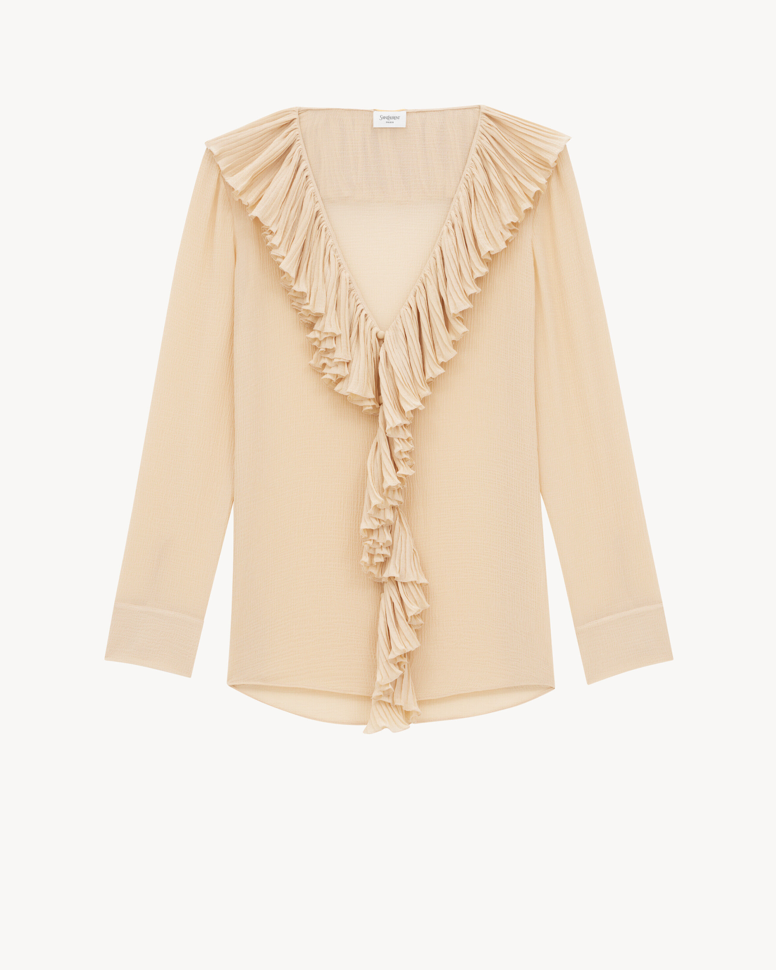Saint Laurent Ruffled Blouse In Silk Crepon Muslin - Beige - Women - 42