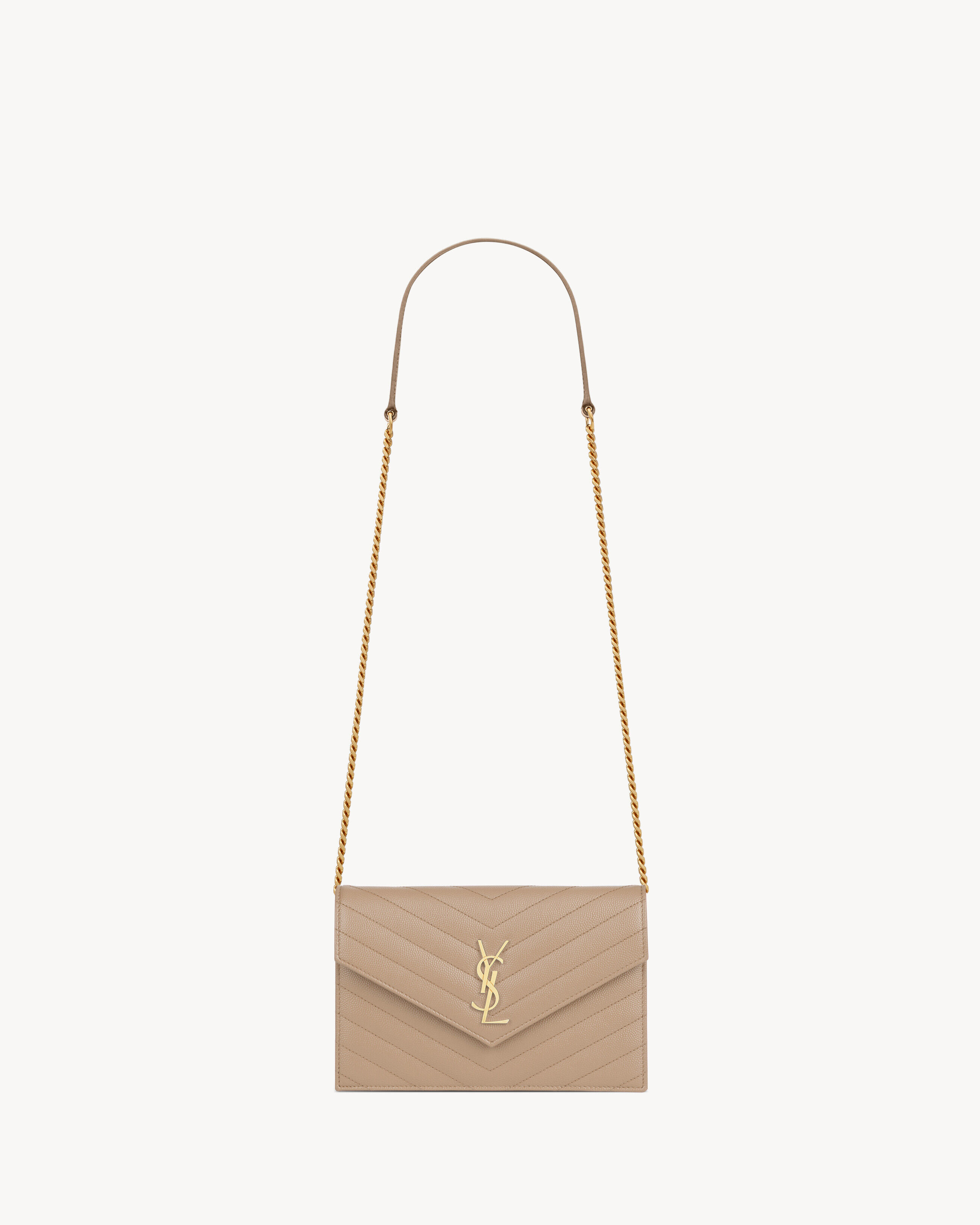 Saint Laurent Cassandre Envelope Chain Wallet In Grain De Poudre Leather - Beige - Women
