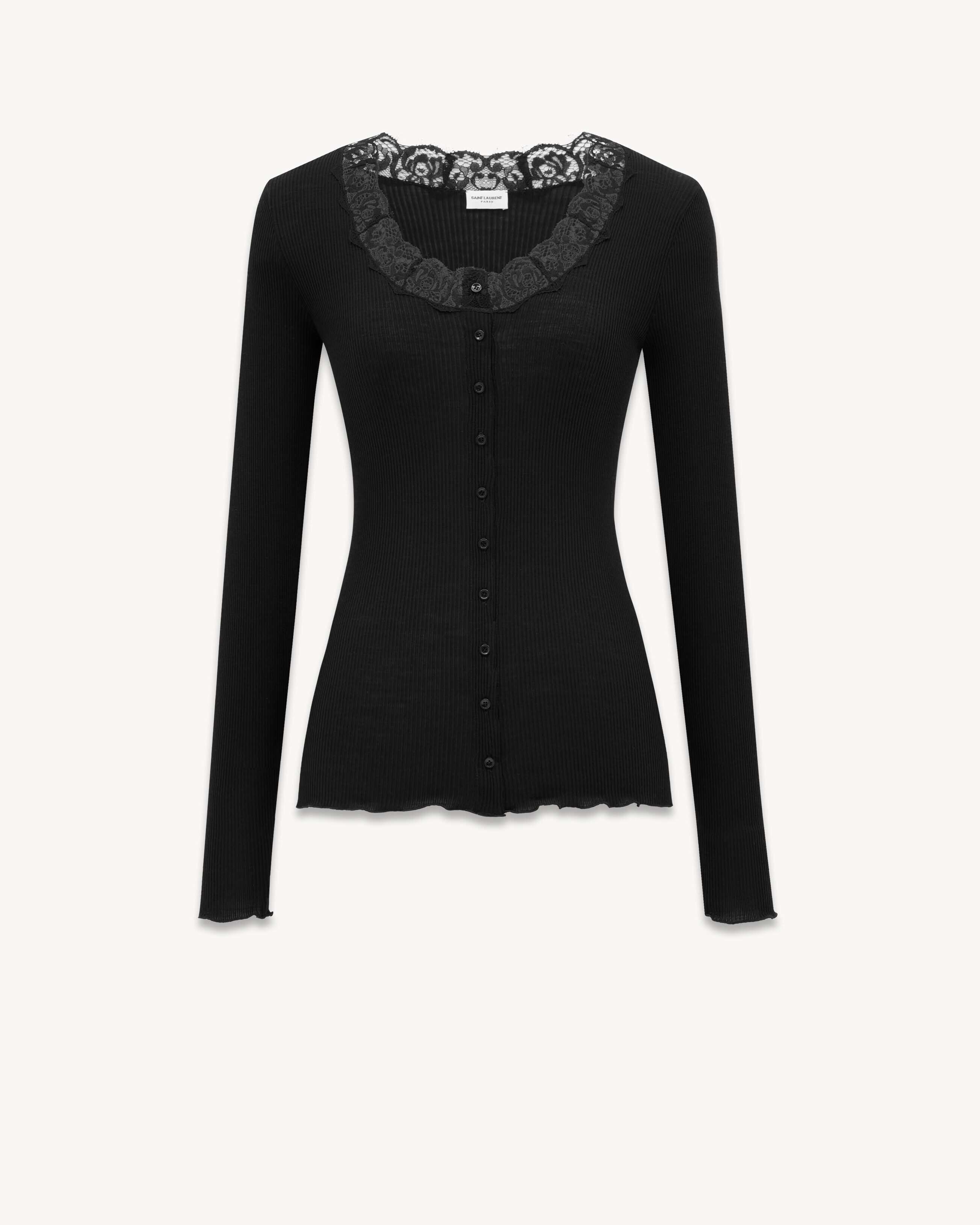 Saint Laurent Laced Cardigan In Ribbed Wool And Silk - Black - Women - S