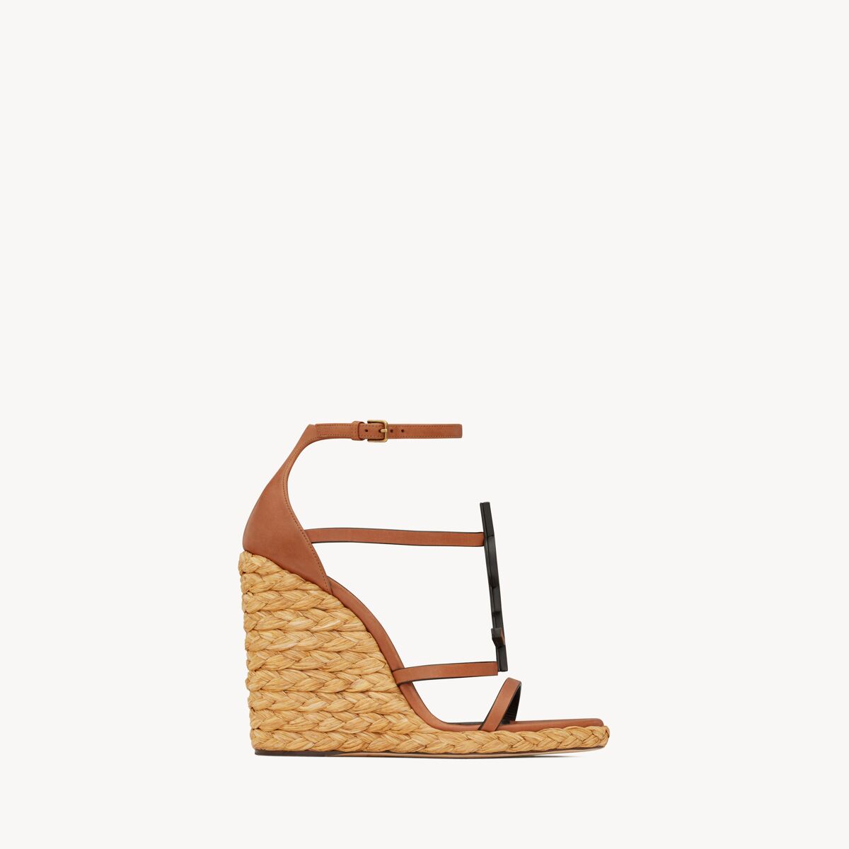 Saint Laurent Espadrillas Con Zeppa Cassandra In Pelle Conciata Al Vegetale Liscia Con Monogramma Marrone - Ambra - Donna - 39.5