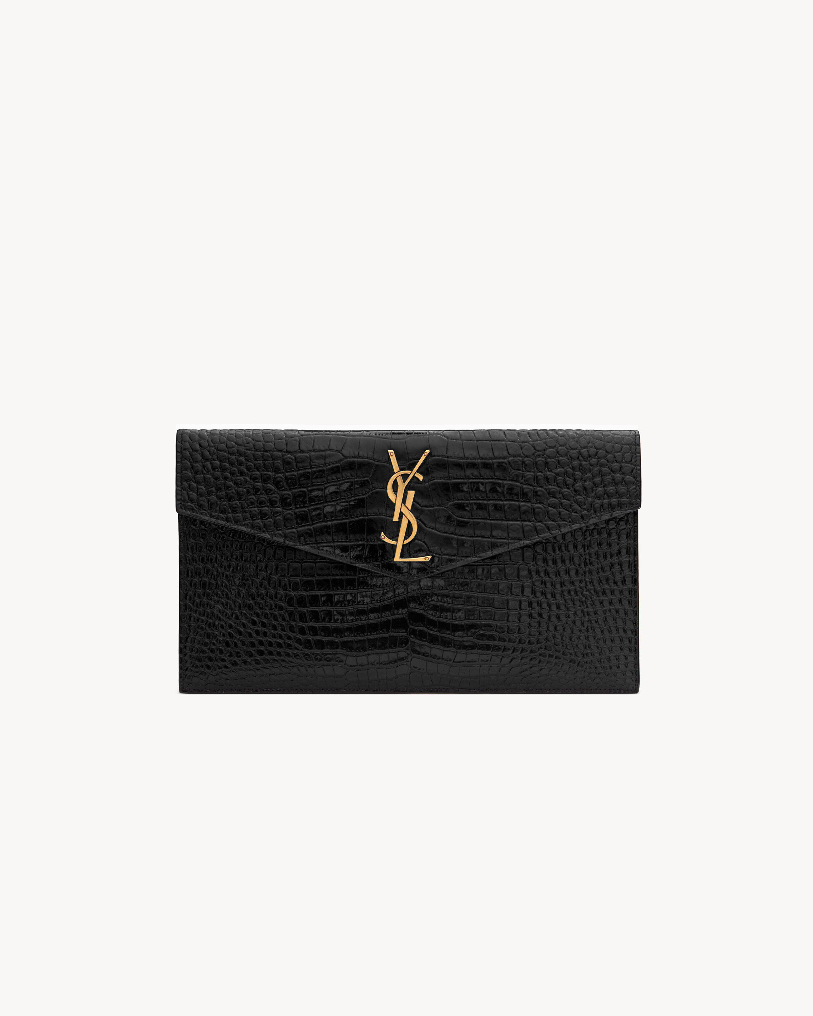 Saint Laurent Uptown Pochette En Cuir Embossé Crocodile - Noir - Femme