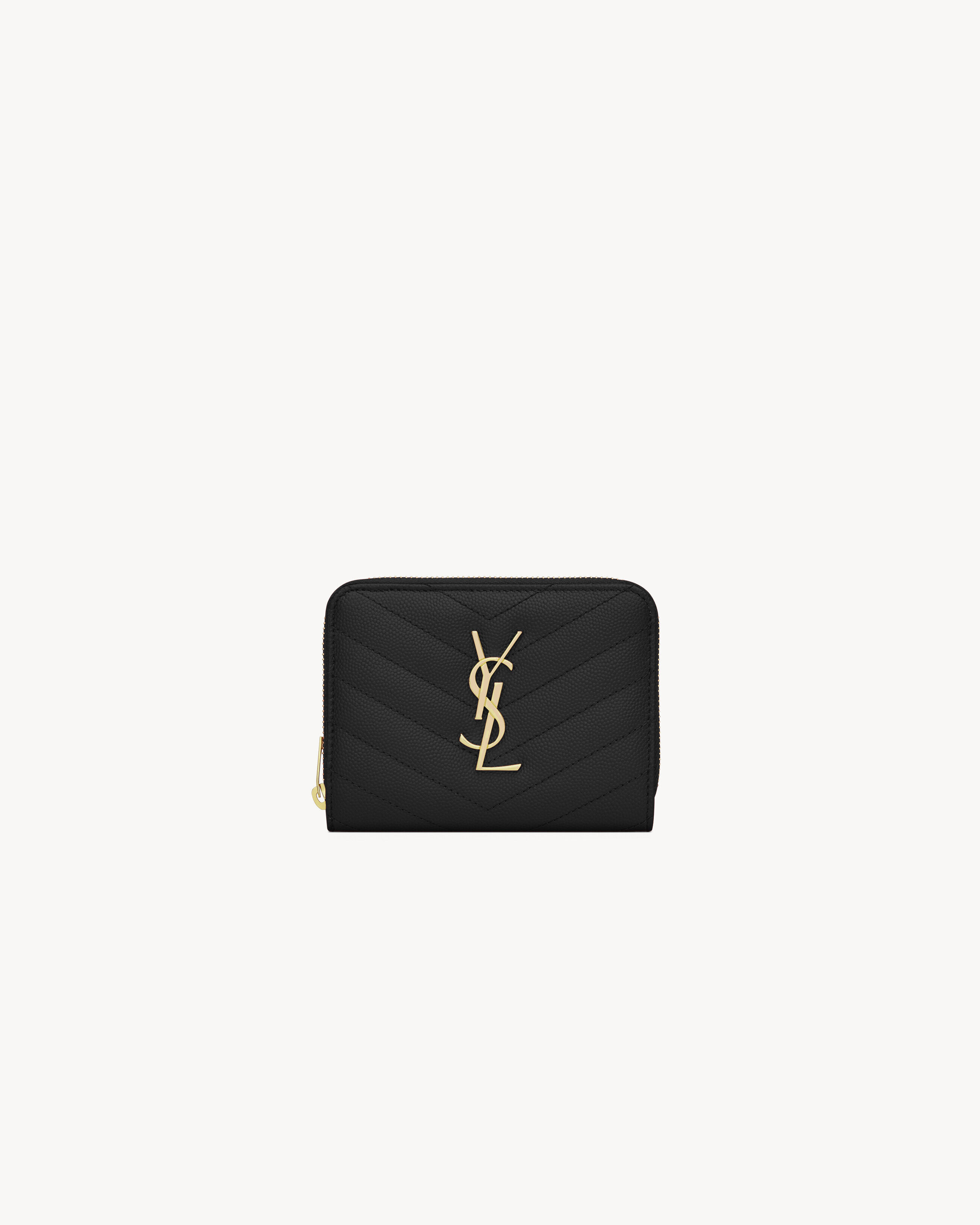 Saint Laurent Cassandre Matelassé Compact Zip Around Wallet In Grain De Poudre Leather - Black - Women