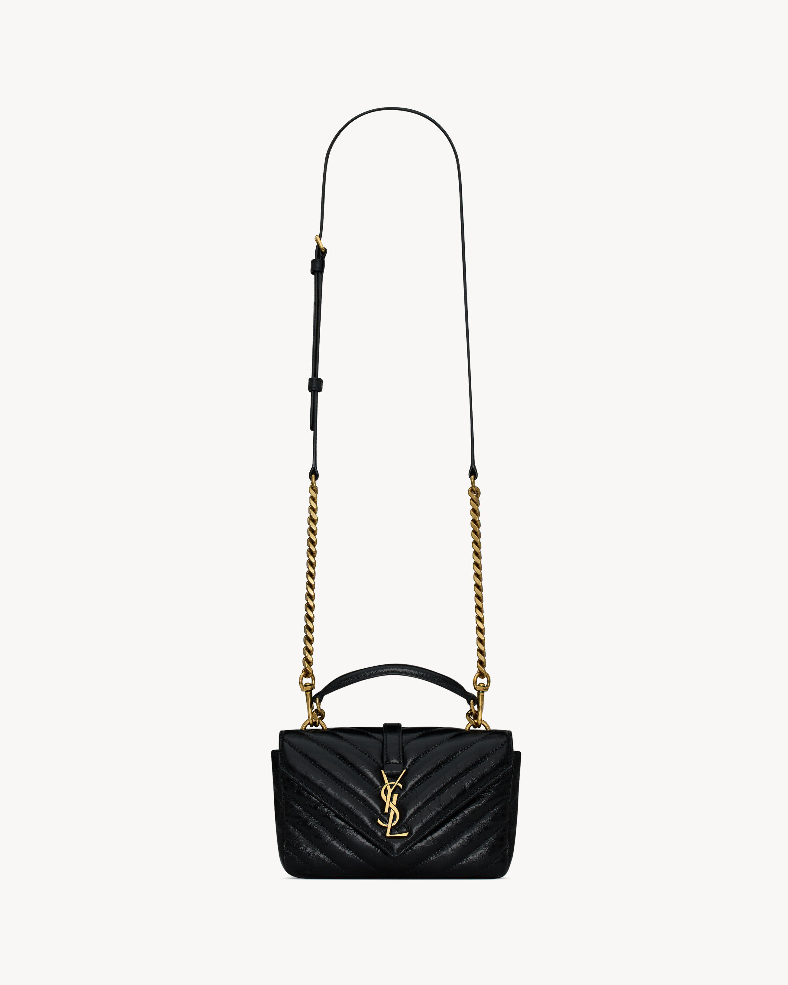 Saint Laurent College Mini Chain Bag In Shiny Crackled Leather - Black - Women