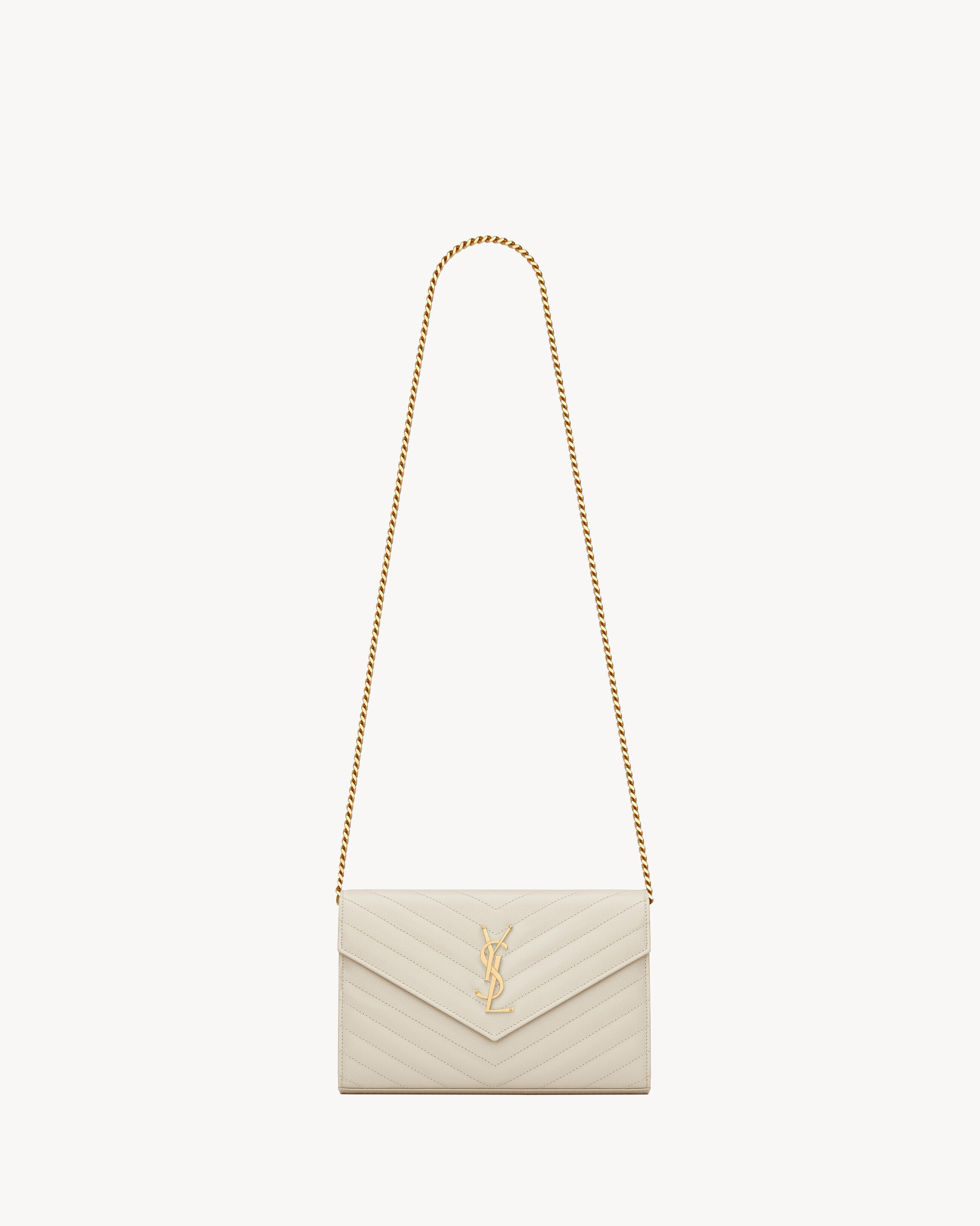 Saint Laurent Classic Cassandre Chain Wallet In Grain De Poudre Leather - White - Women